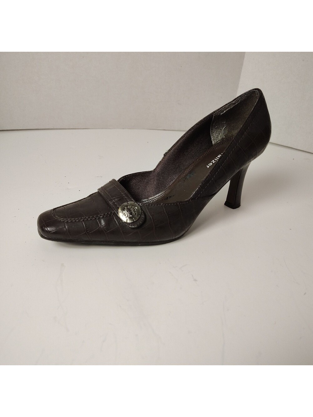 Naturalizer Brown Croc-Embossed Leather Pumps with Silver Em